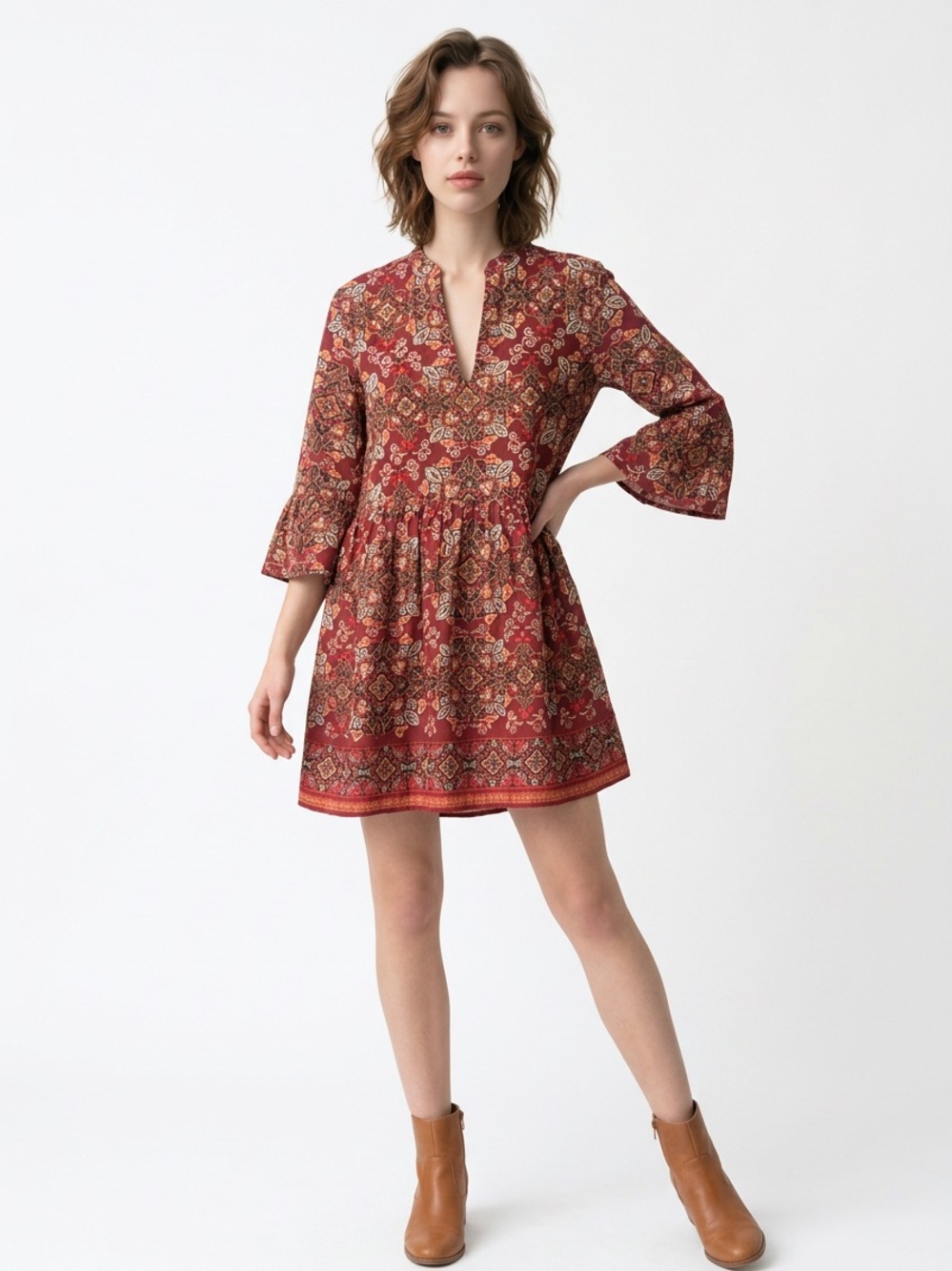 JUDE CONNALLY | Red Paisley Boho Cotton Mini Dress with Pockets Women’s Size M